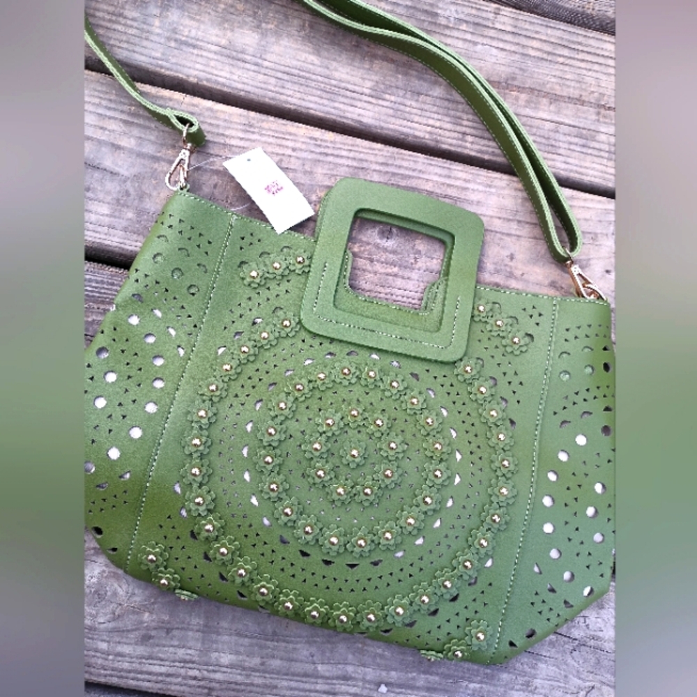 Sage Green Suede Shoulder Bag with Perforated Design